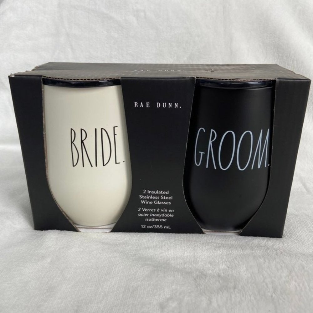 Set of Rae Dunn BRIDE and GROOM Insulated Stainless Steel Wine Glasses